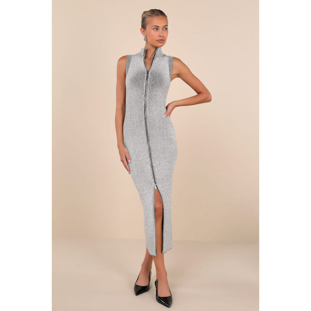 Worn Once Lulus Confident Moves Light Grey Marled Zip-front Midi Sweater Dress